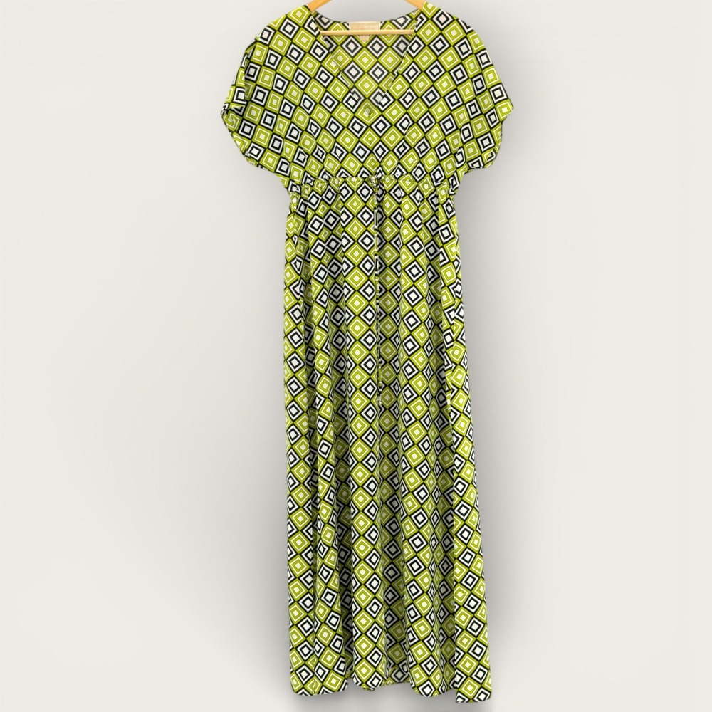 MICHAEL Michael Kors Green Geo Print Maxi Dress Empire Waist Boho S Retro‎ Mod